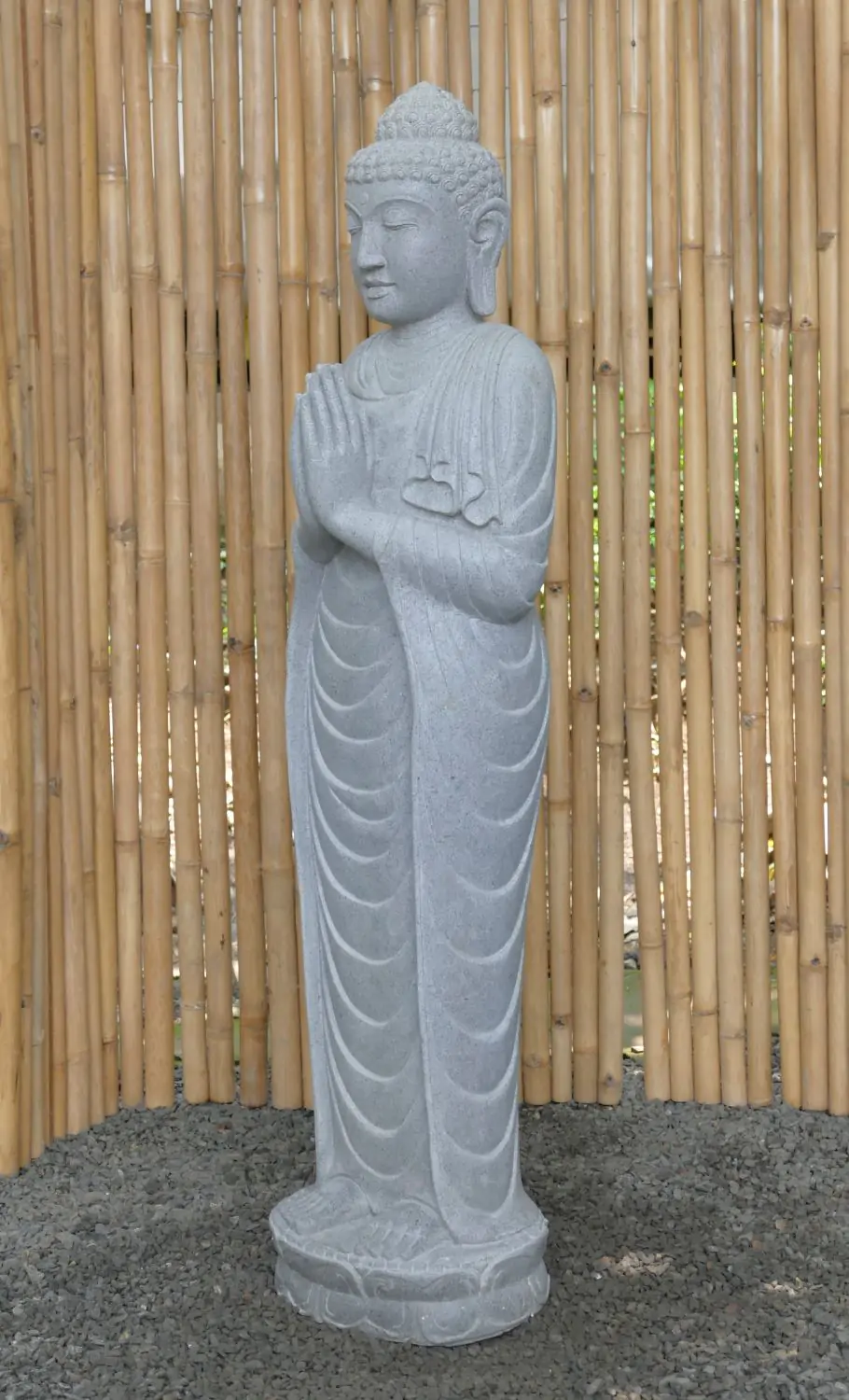  Product image 2 of the product “Standing Buddha made of Riverstone, position Namaskara , H. 153cm. ”